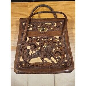 Vintage Tooled Leather Handbag Western Bohemian Tan Leather